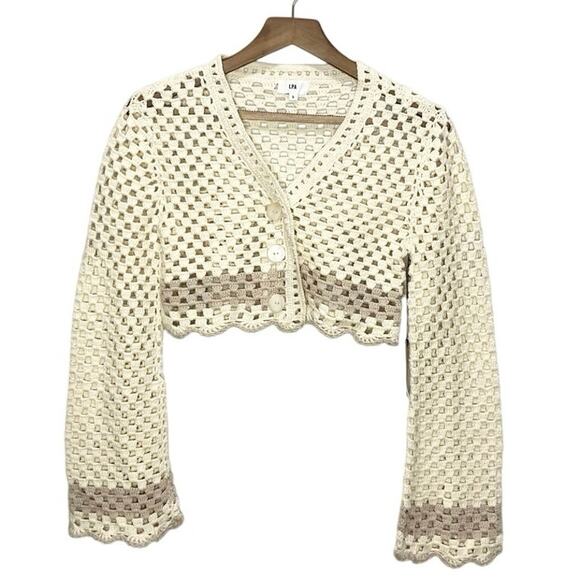 LPA Lanita Crochet Micro Cardigan In Cream Small NWT - Picture 2 of 6